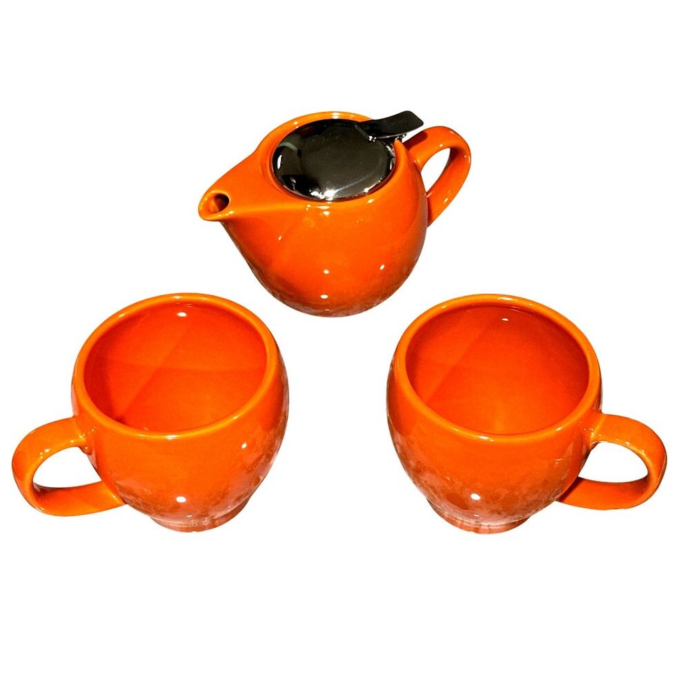 Hues N Brews Glazed Orange Ceramic Teapot Set Steel Lid 2 Matching Cups Service - Picture 2 of 7